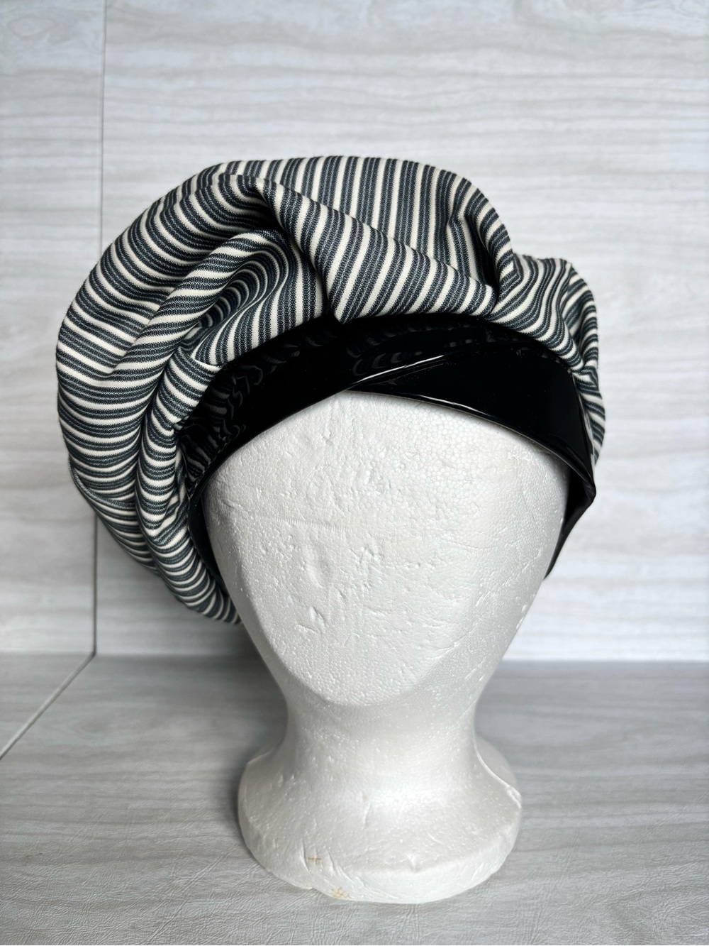 Vintage 1960s Mod Striped Turban Hat Black White Sculptural Lucite Band